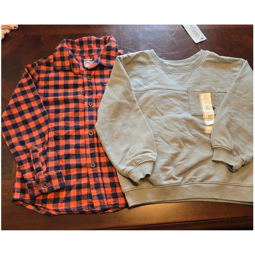 Cat & Jack Boys 5T Flannel Shirt & Sweatshirt Bundle Orange Plaid Sage Green NEW